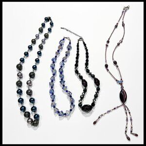4PC MIXED LOT OF BLUE, GRAY, BLACK & PURPLE BEADED NECKLACES SET